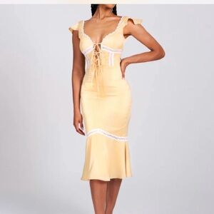 Miss Circle Zora Neutral Satin Lace Up Flare Midi Dress Wedding guest party Sz S